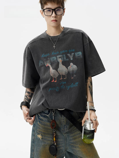 American washed old short-sleeved T-shirt men's summer tide brand printed top loose casual couple five-quarter sleeve