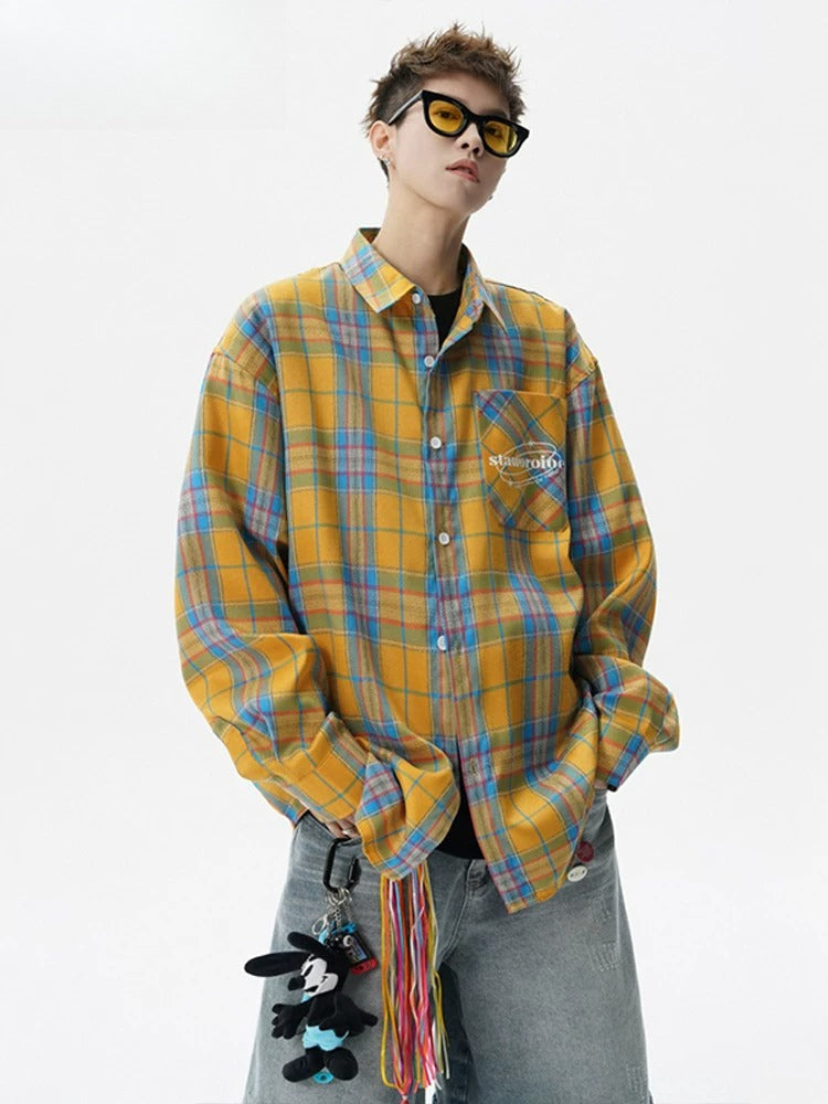 Retro contrasting color long-sleeved shirt men's spring and autumn couple trend American loose casual shirt